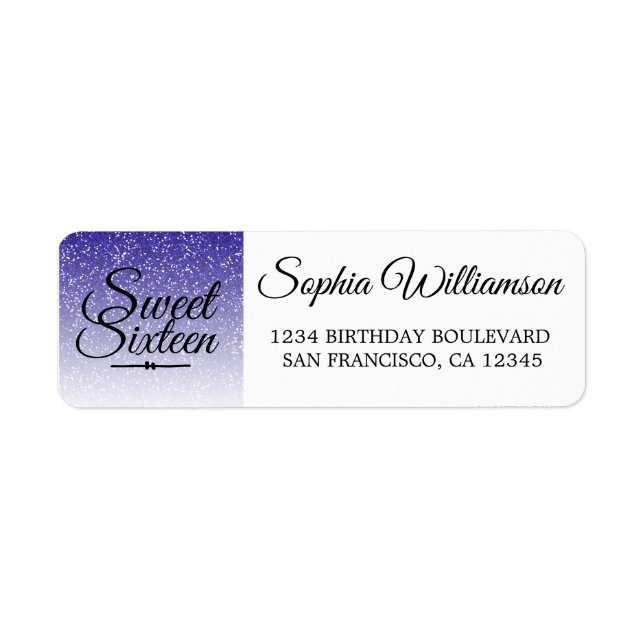Blue Glitter Sweet 16 Birthday Return Address Label (Front)