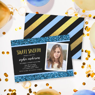 Blue Glitter Sweet 16 Photo Birthday Invitation