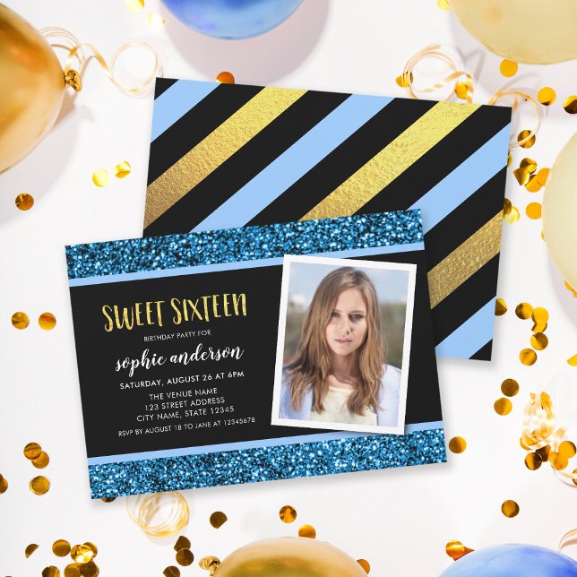 Blue Glitter Sweet 16 Photo Birthday Invitation (Creator Uploaded)