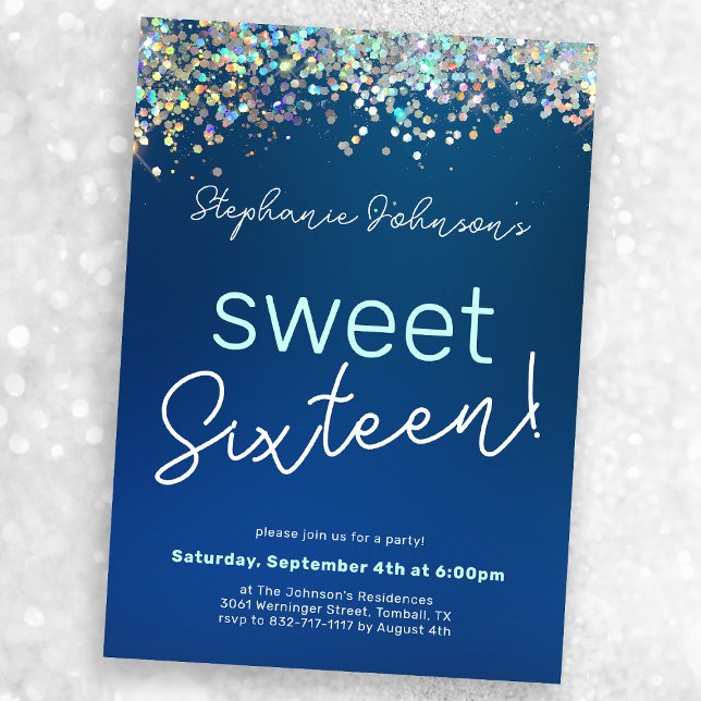 Blue Glitter Sweet Sixteen 16th Birthday Party Invitation (Mock-up view)