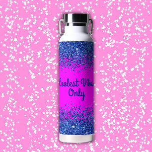 Blue Glitter & Text on Pink- Coolest Vibes Only   Water Bottle