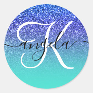 Blue Glitter Turquoise Ombre Monogrammed Classic Round Sticker