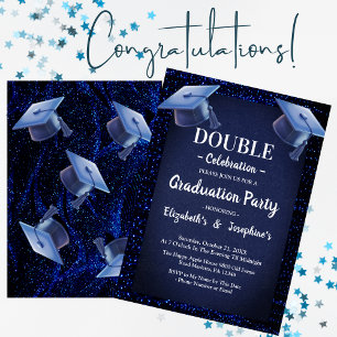 Blue Glitter Two Graduates Double Graduation Party Invitation