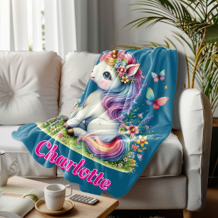 Blue Glitter unicorn meadow wildflowers Fleece Blanket