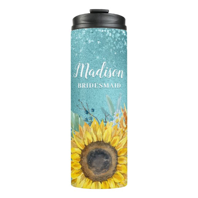 Blue Glitter Watercolor Sunflower Bridesmaid Name Thermal Tumbler (Front)