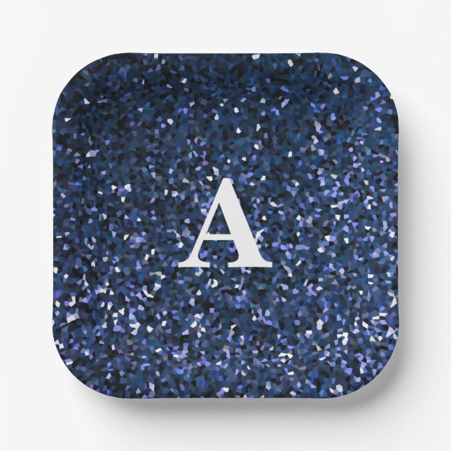 Blue Glitter White Monogram Initial Custom Name Paper Plate (Front)