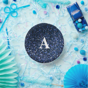 Blue Glitter White Monogram Initial Custom Name Paper Plate