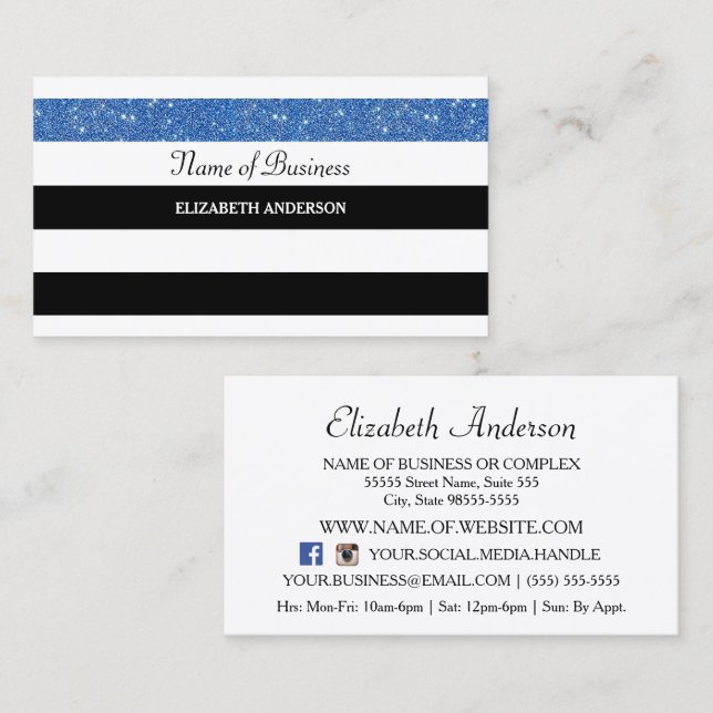 Blue Glitter Wide Horizontal Stripes Social Media Business Card (Front/Back)