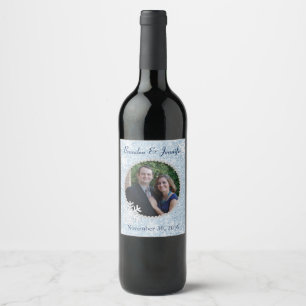 Blue Glitter Winter Wedding Wine Label