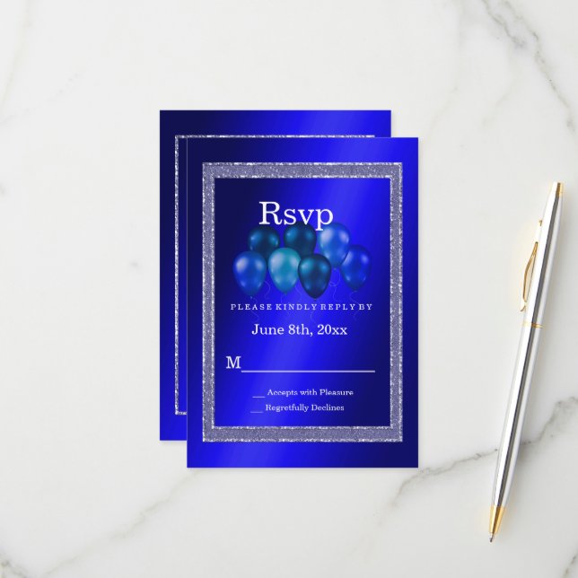Blue Glitters & Birthday Balloons RSVP Card (Front/Back In Situ)