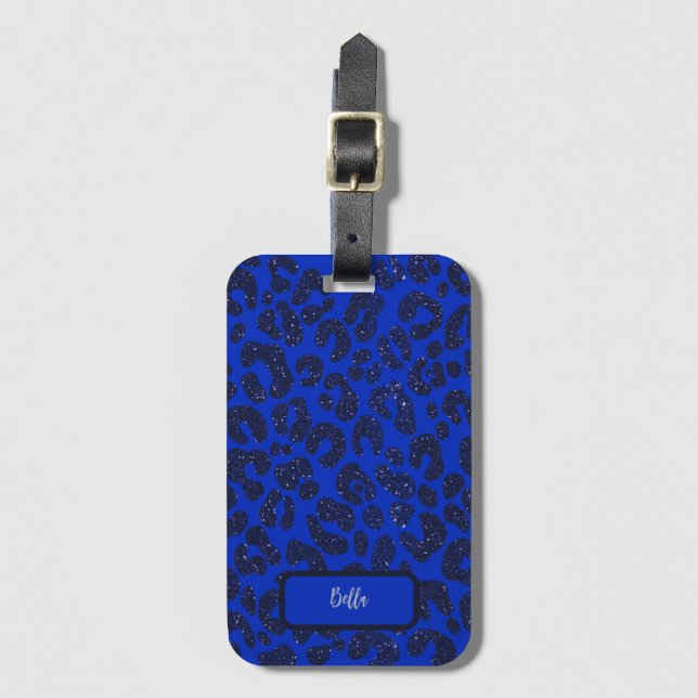 Blue Glittery Leopard Pattern Luggage Tag (Front Vertical)