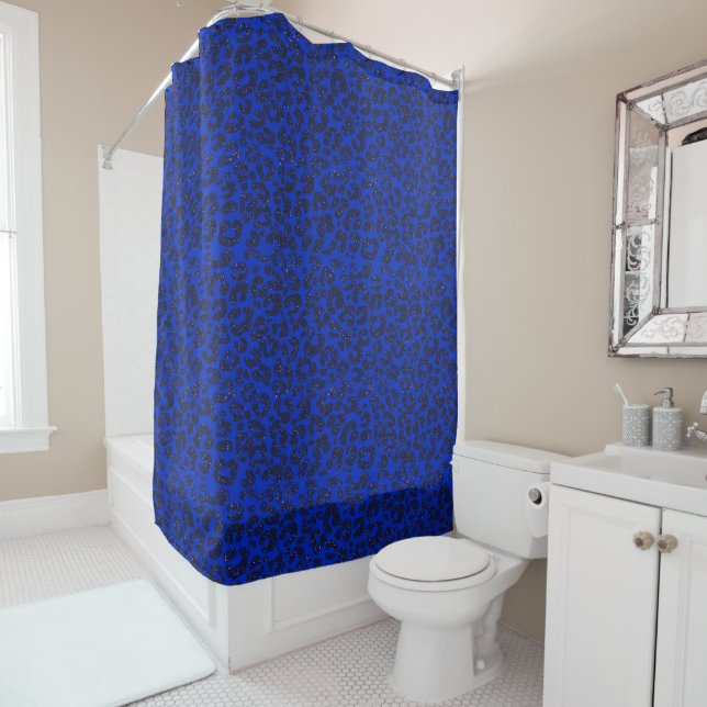Blue Glittery Leopard Pattern Shower Curtain (In Situ)