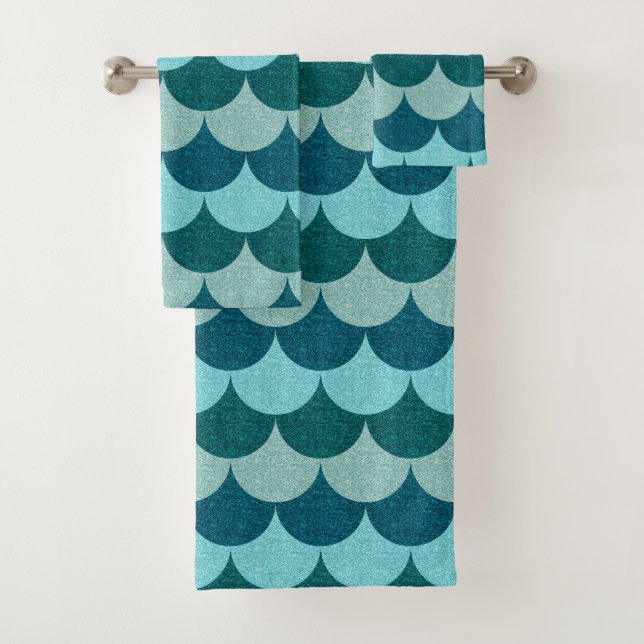 Blue Glittery Mermaid Scales Pattern Bath Towel Set (Insitu)