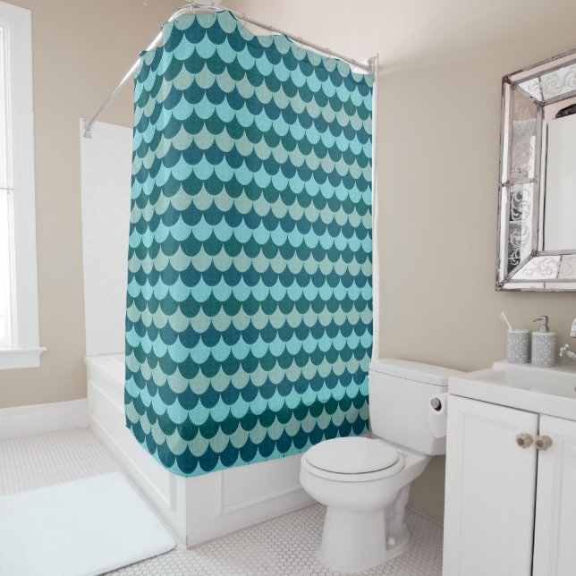 Blue Glittery Mermaid Scales Pattern Shower Curtain (In Situ)