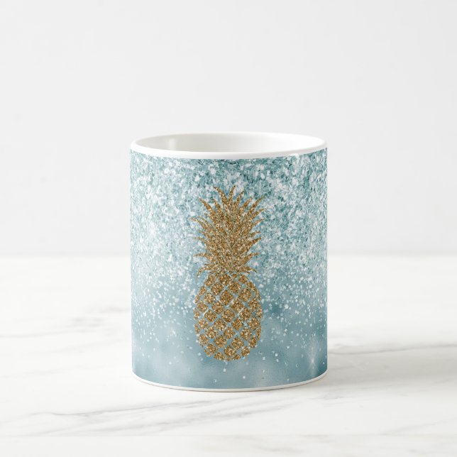 Blue Glittery Sparkle Gold Pineapple Coffee Mug (Center)