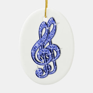 Blue Glitzy Sparkly Diamond Music Notes Ceramic Ornament