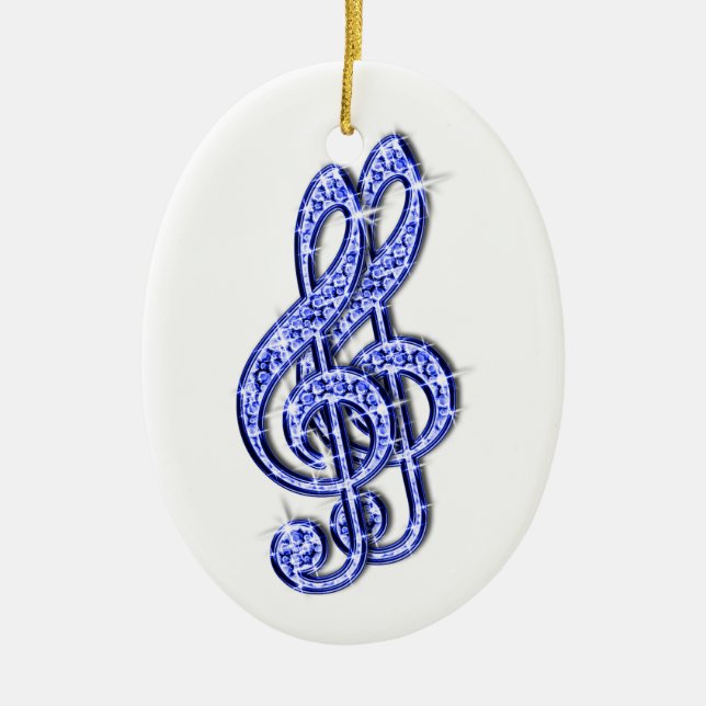 Blue Glitzy Sparkly Diamond Music Notes Ceramic Ornament (Front)