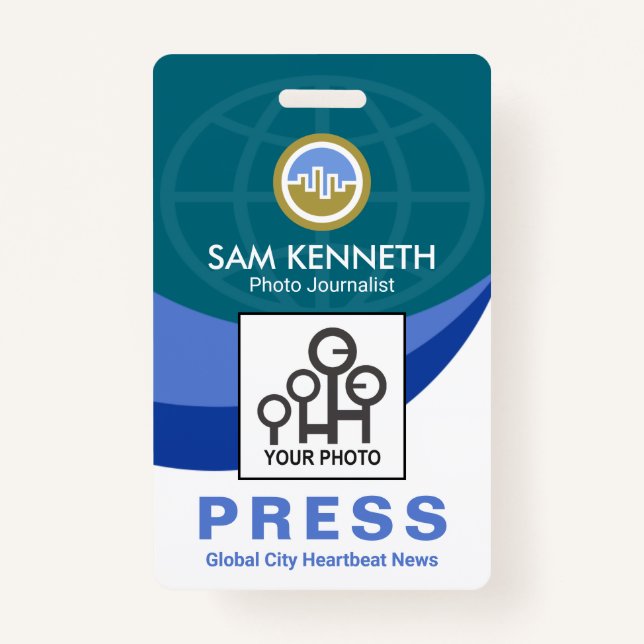 Blue Global Wave Press Staff Photo Reporter ID Badge (Front)