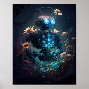 Blue Glow Bot & Flowers Poster