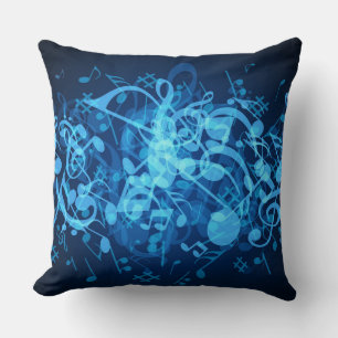 Blue Glow Music Notes Pattern Throw Pillow