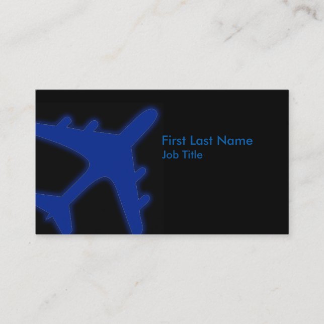 Blue glowing aeroplane custom business cards (Front)