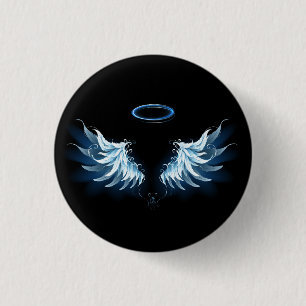 Blue Glowing Angel Wings on black background 3 Cm Round Badge