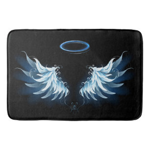 Blue Glowing Angel Wings on black background Bath Mat