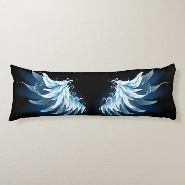 Blue Glowing Angel Wings on black background Body Cushion (Front)