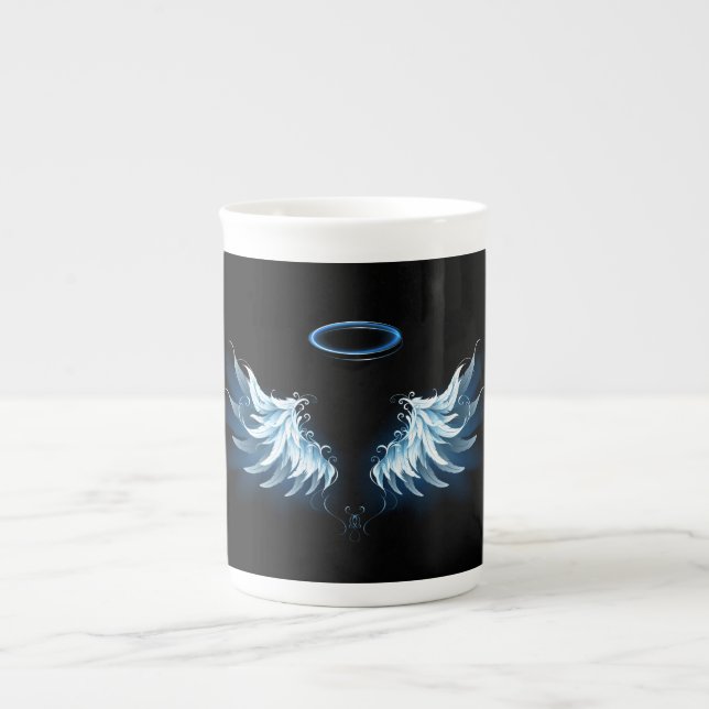 Blue Glowing Angel Wings on black background Bone China Mug (Front)
