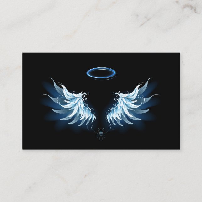 Blue Glowing Angel Wings on black background Business Card (Front)