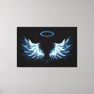 Blue Glowing Angel Wings on black background Canvas Print