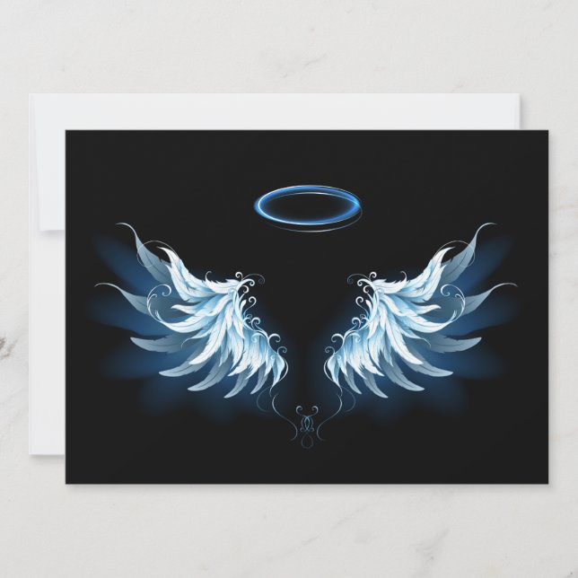Blue Glowing Angel Wings on black background Card (Front)