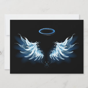 Blue Glowing Angel Wings on black background Card