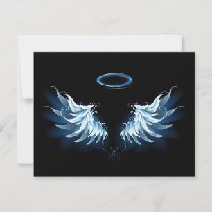 Blue Glowing Angel Wings on black background Card