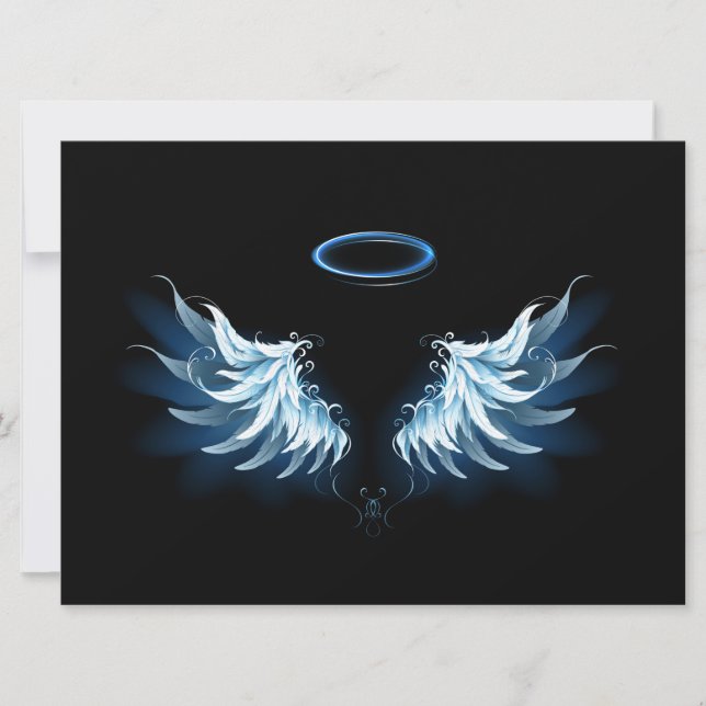 Blue Glowing Angel Wings on black background Card (Front)