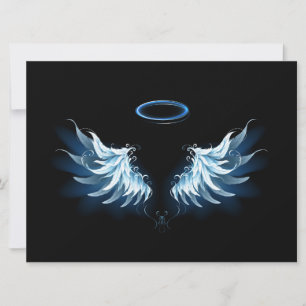 Blue Glowing Angel Wings on black background Card