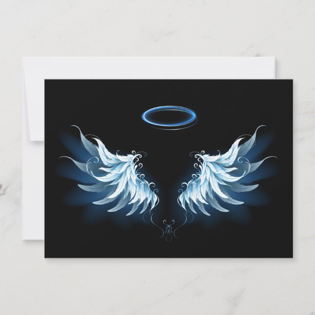 Blue Glowing Angel Wings on black background Card (Front)