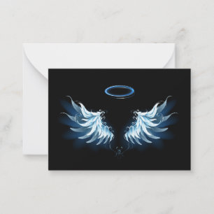 Blue Glowing Angel Wings on black background Card