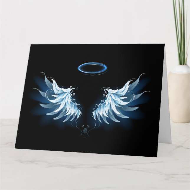 Blue Glowing Angel Wings on black background Card (Front)