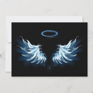 Blue Glowing Angel Wings on black background Card