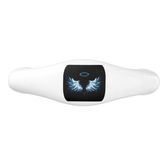 Blue Glowing Angel Wings on black background Ceramic Drawer Pull (Front)