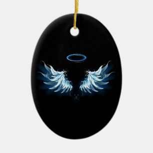 Blue Glowing Angel Wings on black background Ceramic Ornament