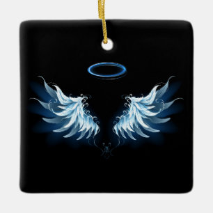 Blue Glowing Angel Wings on black background Ceramic Ornament