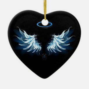 Blue Glowing Angel Wings on black background Ceramic Ornament