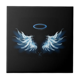 Blue Glowing Angel Wings on black background Ceramic Tile