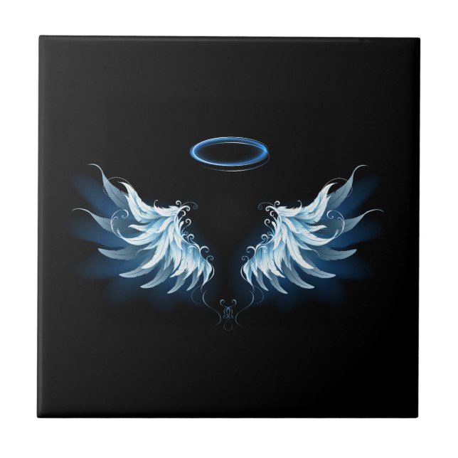 Blue Glowing Angel Wings on black background Ceramic Tile (Front)
