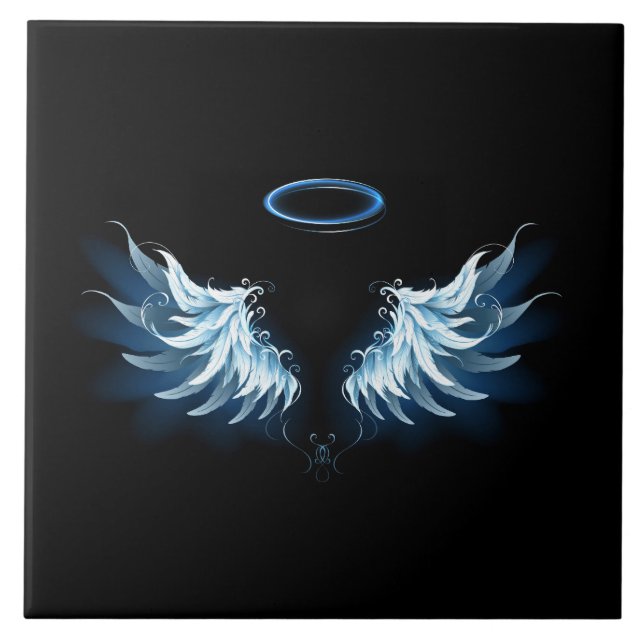 Blue Glowing Angel Wings on black background Ceramic Tile (Front)