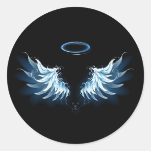 Blue Glowing Angel Wings on black background Classic Round Sticker