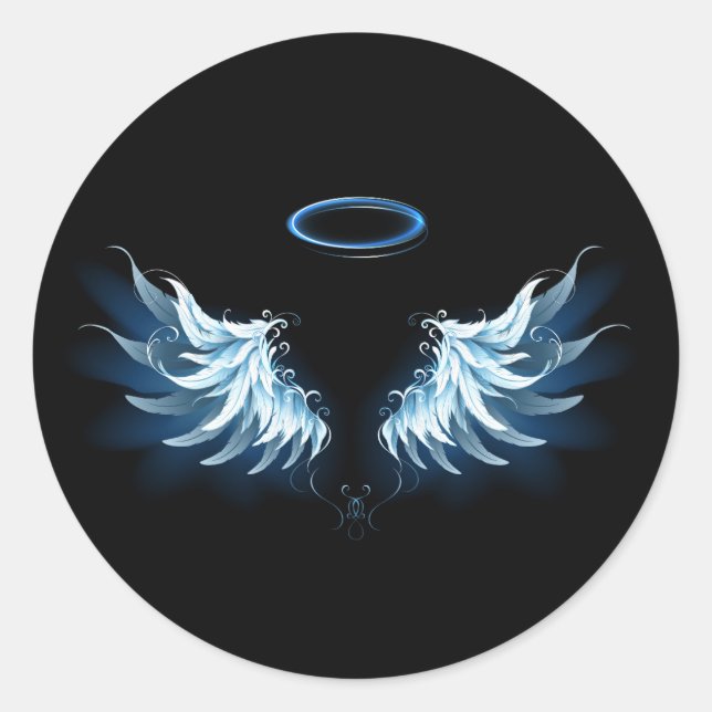 Blue Glowing Angel Wings on black background Classic Round Sticker (Front)
