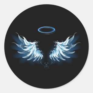 Blue Glowing Angel Wings on black background Classic Round Sticker